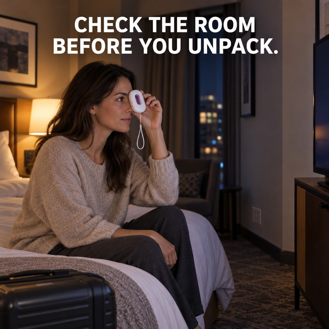 Woman checking a hotel room through the Orsiva filter before unpacking