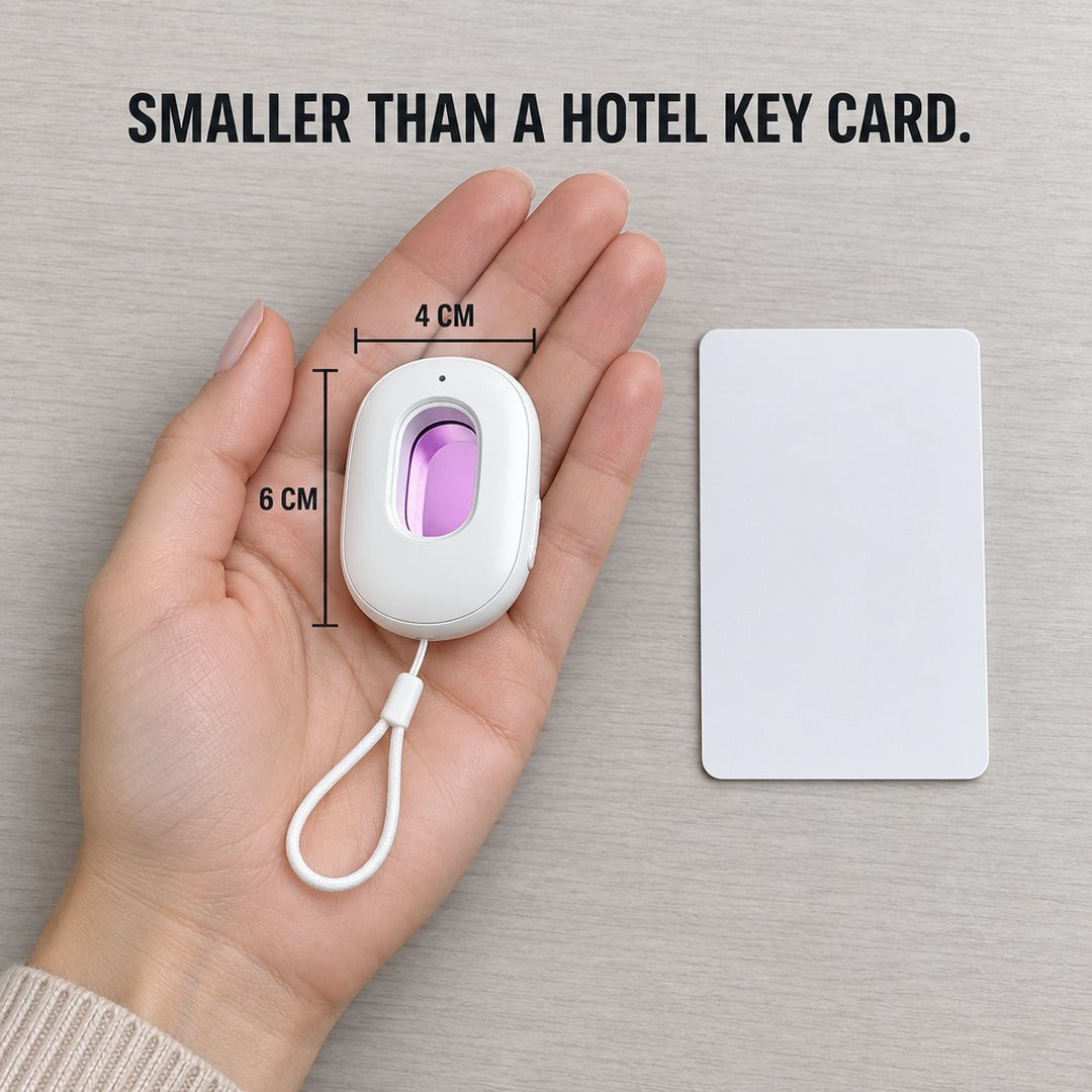 Orsiva camera detector in a palm next to a larger hotel key card