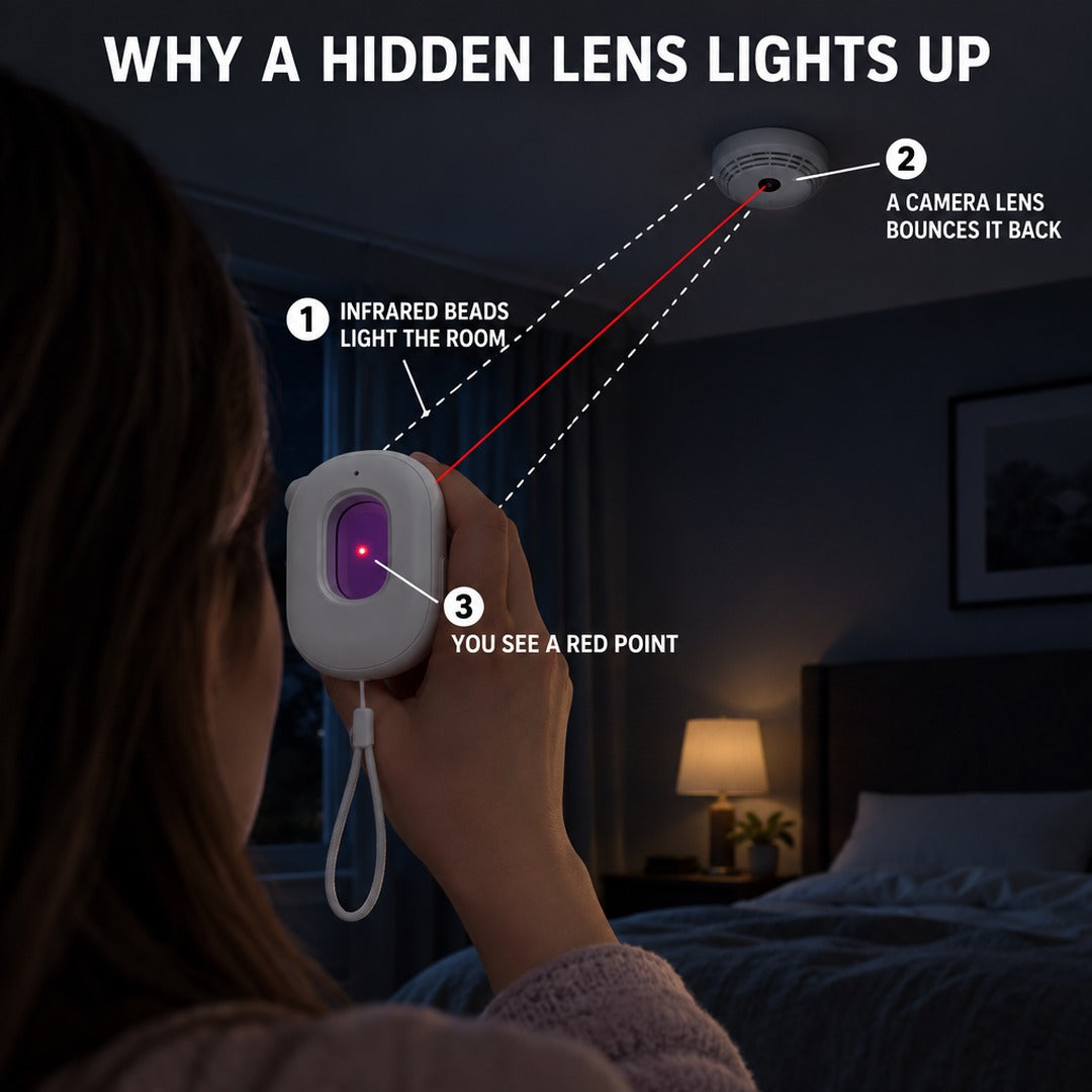Diagram of infrared light reflecting off a hidden lens back to the filter