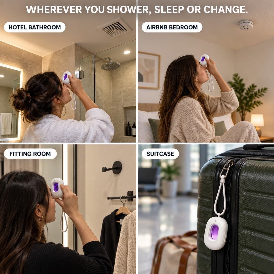 Orsiva used in a hotel bathroom, Airbnb bedroom, fitting room and on a suitcase